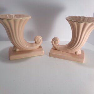 Vintage Pair Nelson McCoy 1940’s Pink Cornucopia Ceramic Flower Vase Planters